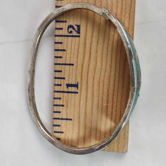 Vintage Alpaca Silver Turquoise/Abalone Inlay Hinged Bracelet - Picture 7 of 9